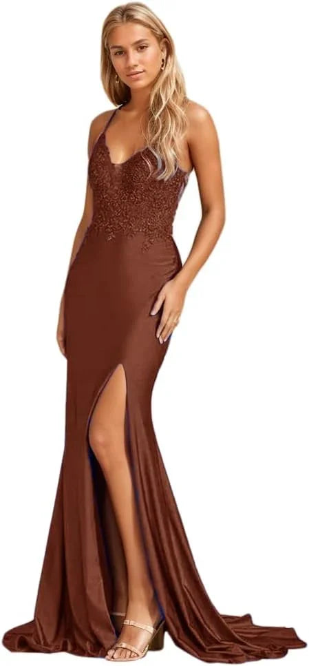 Abito da sera lungo da donna a sirena con applicazioni in pizzo, spacco, raso elastico e scollo a V formale