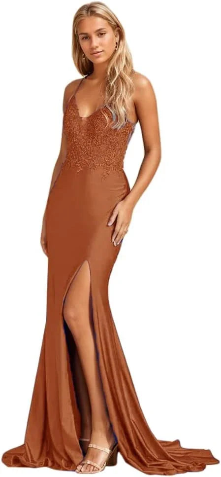Abito da sera lungo da donna a sirena con applicazioni in pizzo, spacco, raso elastico e scollo a V formale