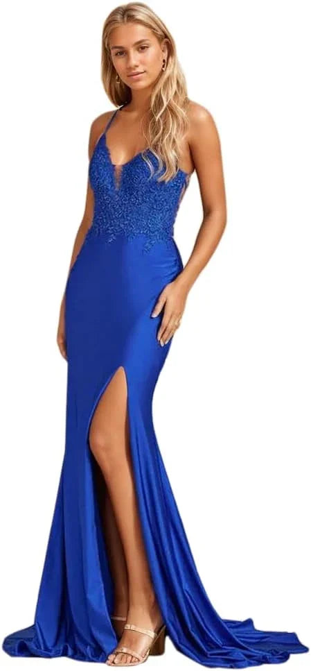 Abito da sera lungo da donna a sirena con applicazioni in pizzo, spacco, raso elastico e scollo a V formale