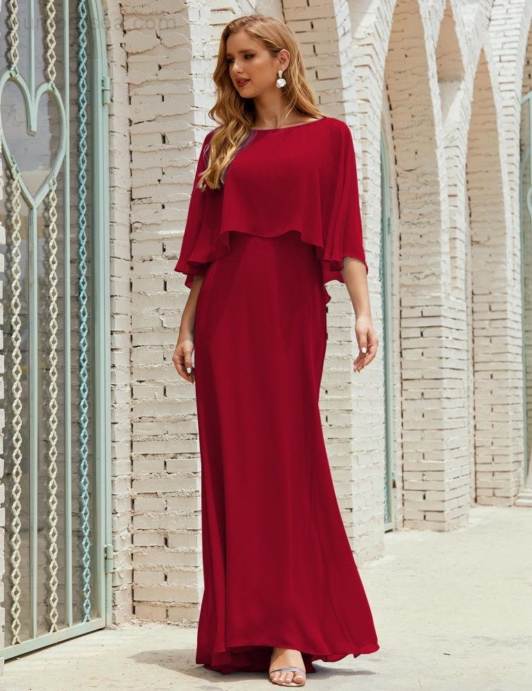 Abito da Damigella Donna Manica Lunga Scollatura a V Chiffon Abito da Cerimonia Matrimonio Festa 28018