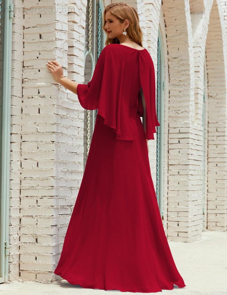 Abito da Damigella Donna Manica Lunga Scollatura a V Chiffon Abito da Cerimonia Matrimonio Festa 28018