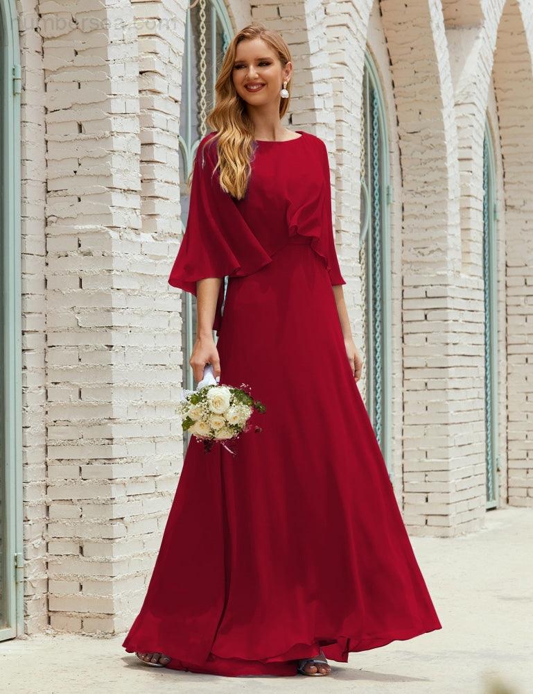 Abito da Damigella Donna Manica Lunga Scollatura a V Chiffon Abito da Cerimonia Matrimonio Festa 28018