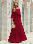 Abito da Damigella Donna Manica Lunga Scollatura a V Chiffon Abito da Cerimonia Matrimonio Festa 28018