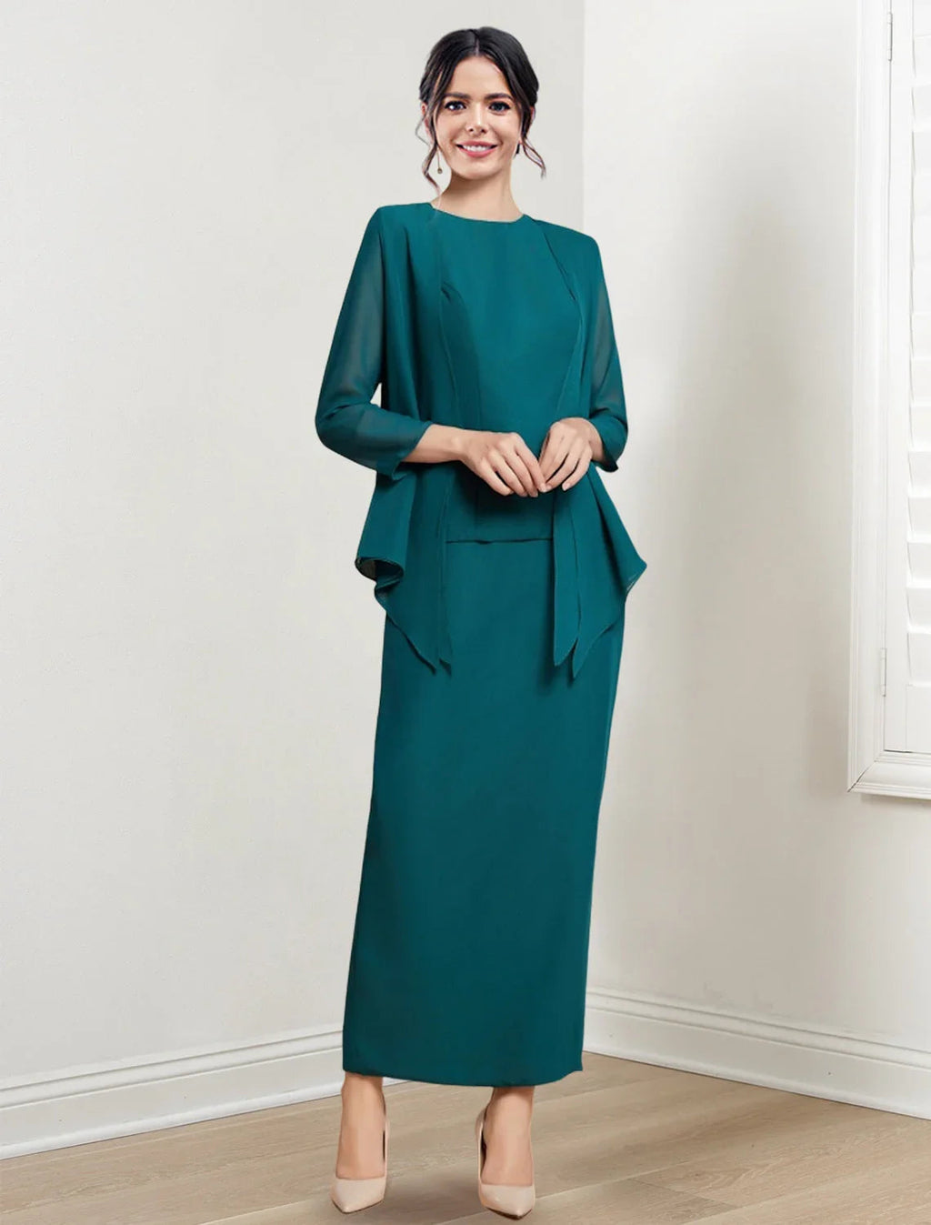 فساتين أم العروس برقبة مجوهرة على شكل عمود وطول الكاحل