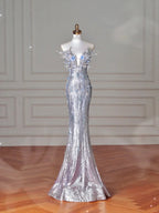 Abito da sera lungo da sirena con perline 3D e paillettes argento di lusso, abito lungo da ballo con fiocco Y8640