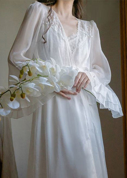 Conjunto de dos piezas de cárdigan y vestido lencero de gasa con cuello en V blanco bordado con flores para verano 