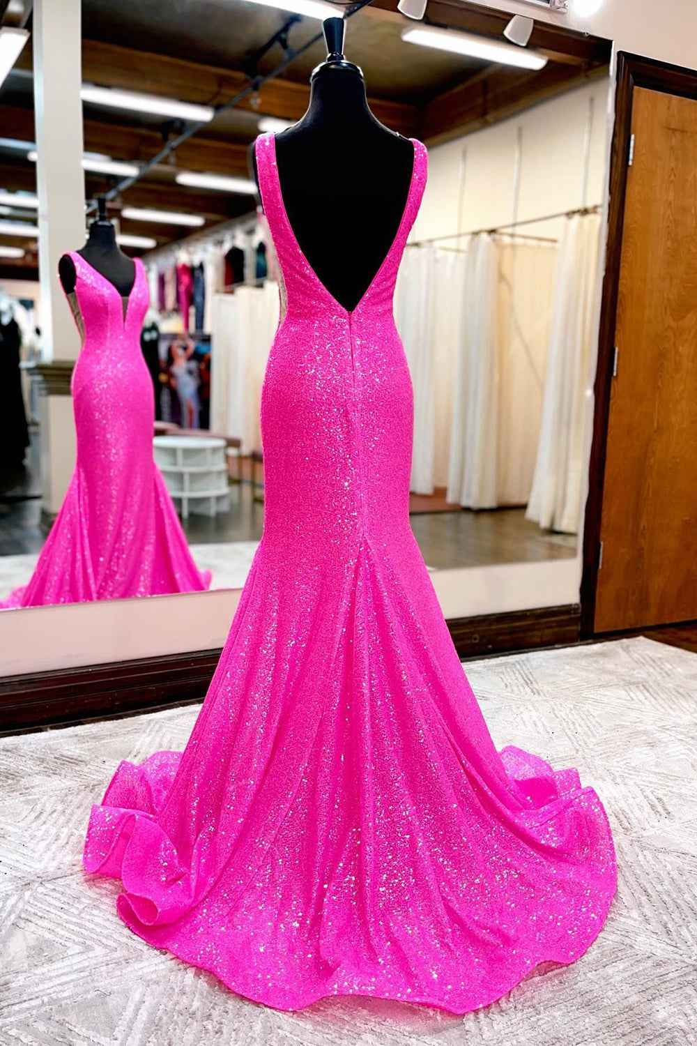 Hot Pink Sequin Mermaid Prom Dress With Wateau Train For Wedding Party