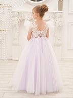 Detachable Lace Tulle Flower Girl Dress With Bow And Sweep Train