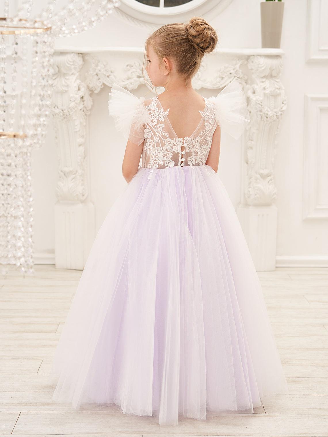 Detachable Lace Tulle Flower Girl Dress With Bow And Sweep Train