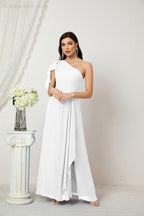 Abito da Sera Formale A-line con Spalla Singola e Balze in Chiffon, Spacco Laterale, per Damigelle, Modello 2809