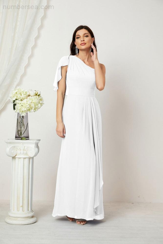 Abito da Sera Formale A-line con Spalla Singola e Balze in Chiffon, Spacco Laterale, per Damigelle, Modello 2809