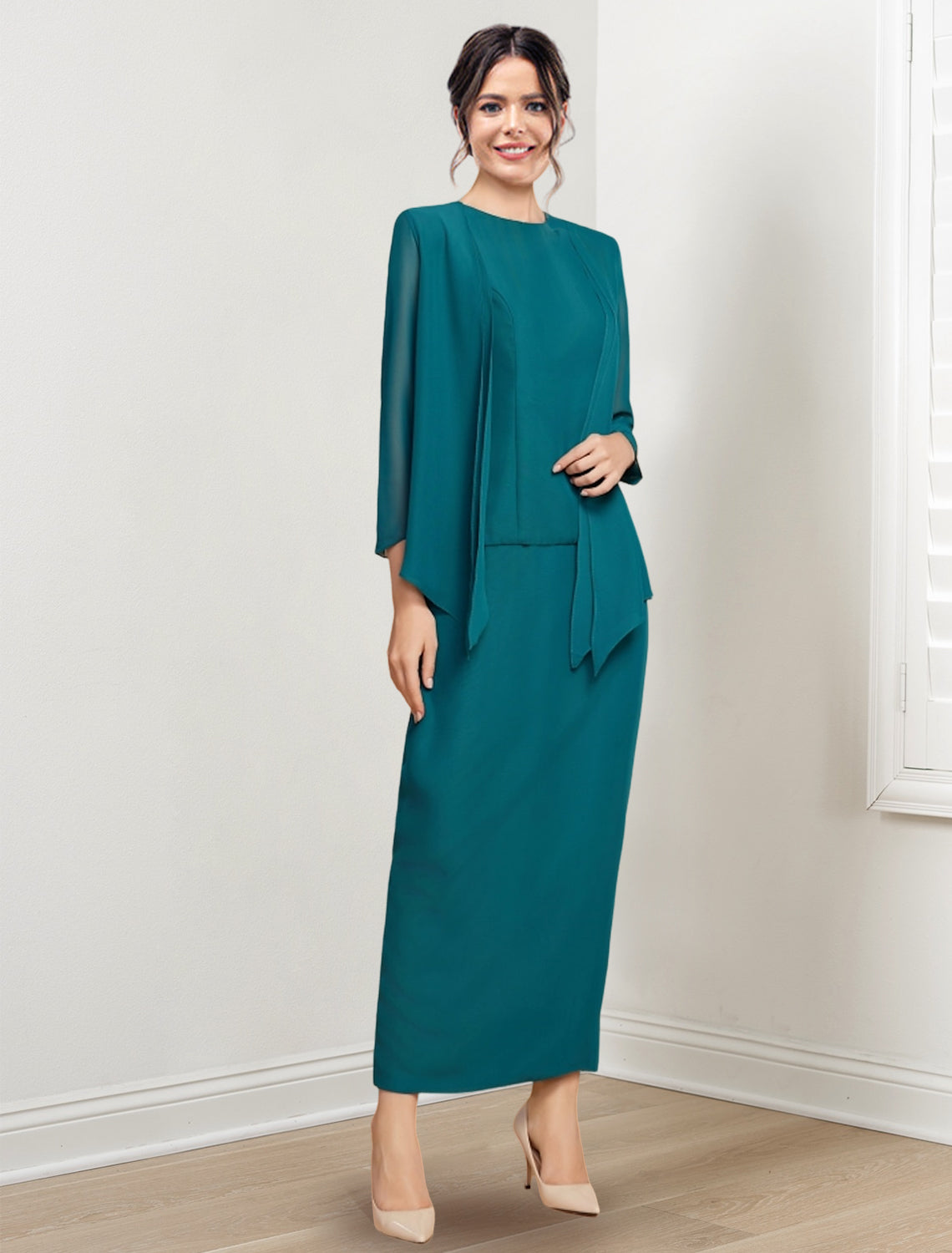 Ankle Length Mother Of The Bride Dress Sheath Silhouette With Jewel Neck