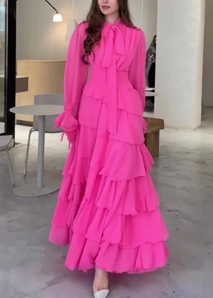 Abito lungo da sera elegante a strati in chiffon con balze per festa e ballo Y7617