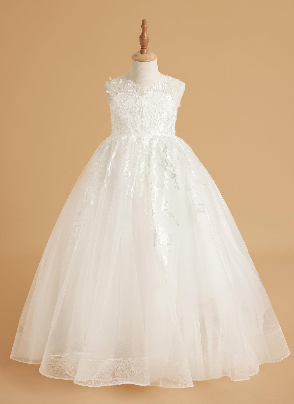 Ivory Lace Flower Girl Dress Tulle Floor Length Sleeveless Gown