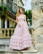 Abito da sera senza spalline a corpetto a linea ad A in tulle con balze