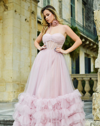 Vestido de fiesta de tul sin tirantes, con corsé y volantes, corte A