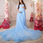 Chic Sky Blue Tulle Maternity Dress with Train - Ideal for Baby Shower Photoshoots