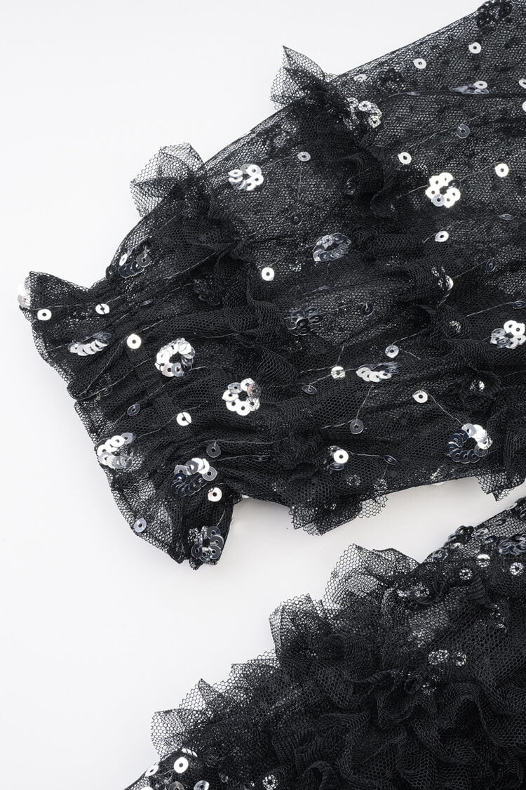 Abito da sera lungo in tulle a balze con collo alto finto, balze a pois e paillettes scintillanti