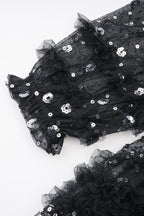 Abito da sera lungo in tulle a balze con collo alto finto, balze a pois e paillettes scintillanti