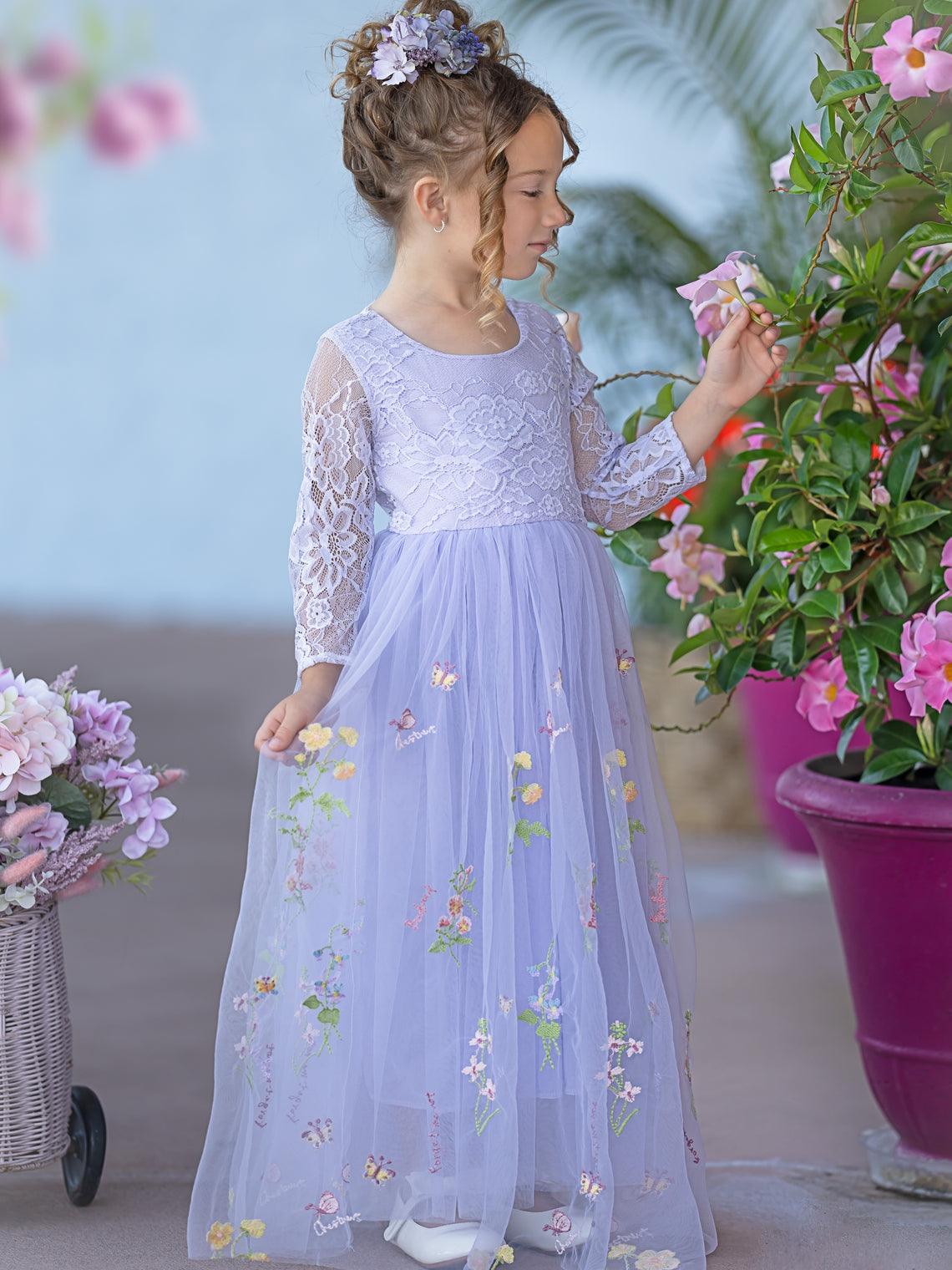 White Floral Lace Tulle Flower Girl Dress A Line Long Sleeve Floor Length