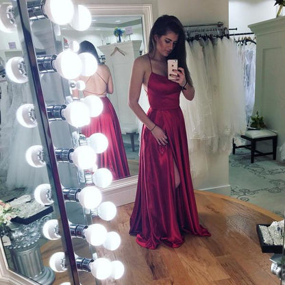 Spaghetti Straps Open Back Floor Length Prom Dress With Slit