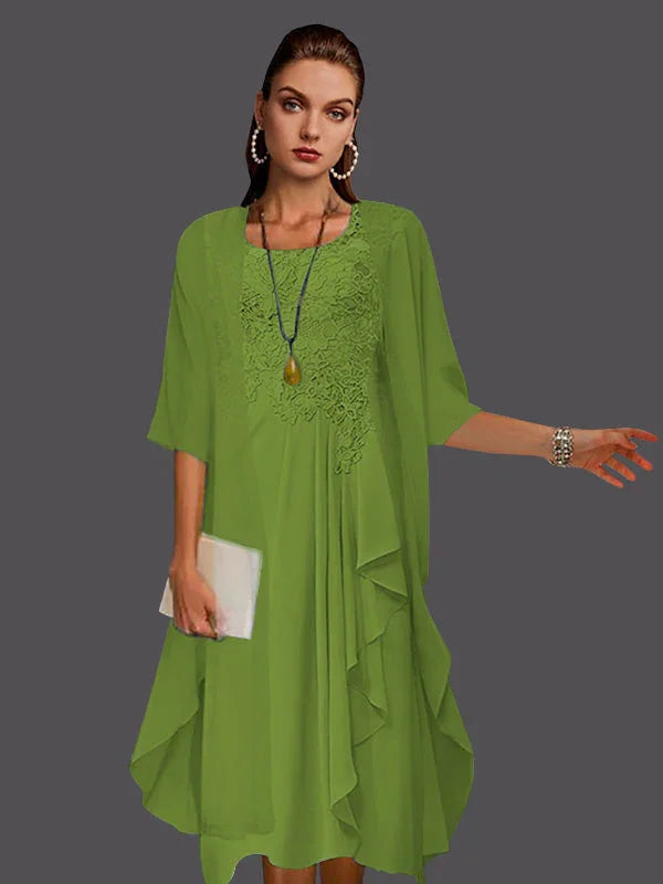 Vestidos de dos piezas con chaqueta sin mangas de encaje de gasa en línea A con pliegues y apliques