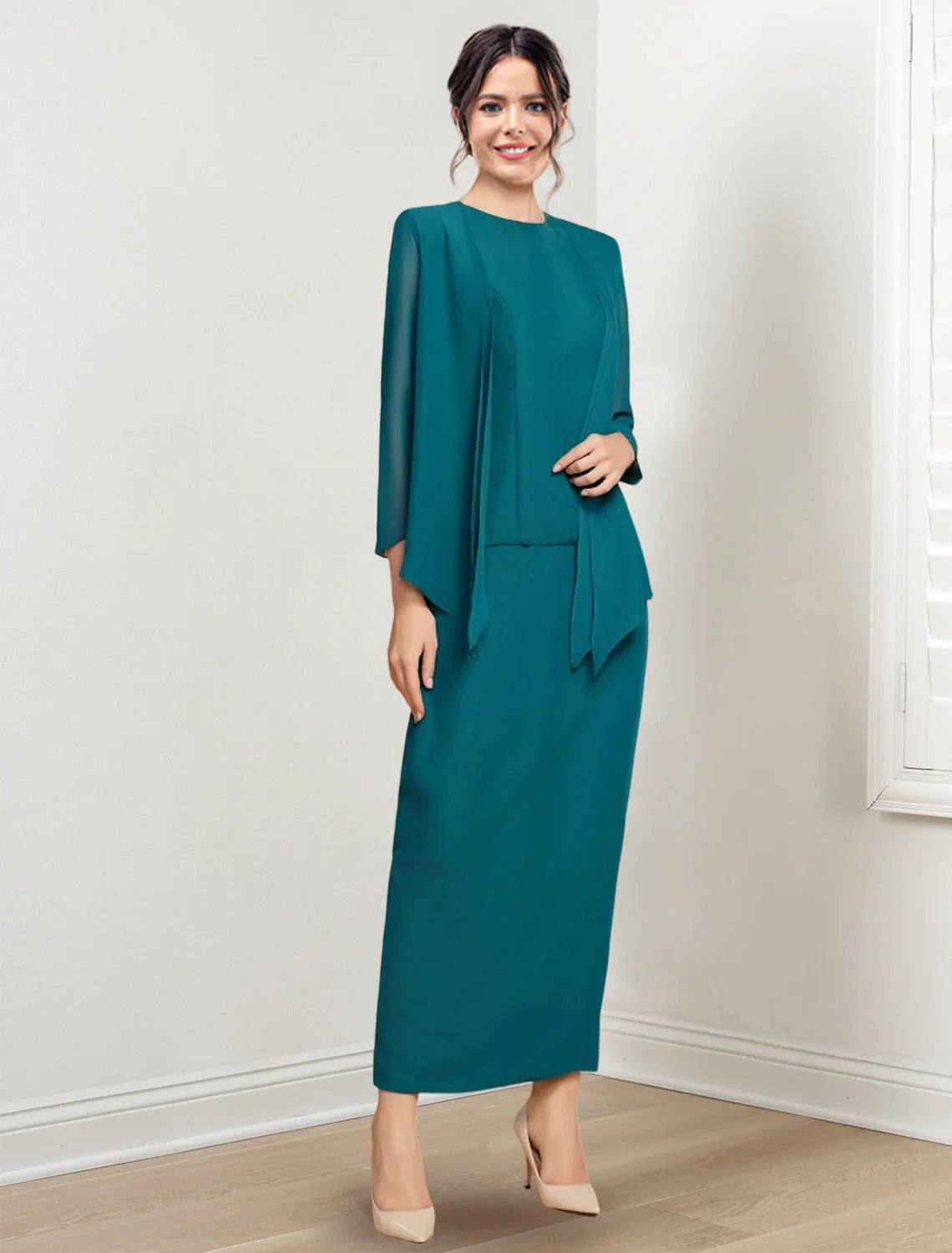 فساتين أم العروس برقبة مجوهرة على شكل عمود وطول الكاحل