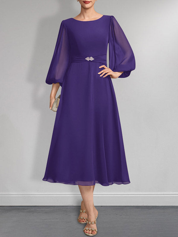 A-Linie U-Ausschnitt Wadenlang Chiffon Mutter der Braut Kleid Mit Kristall Brosche Plissee