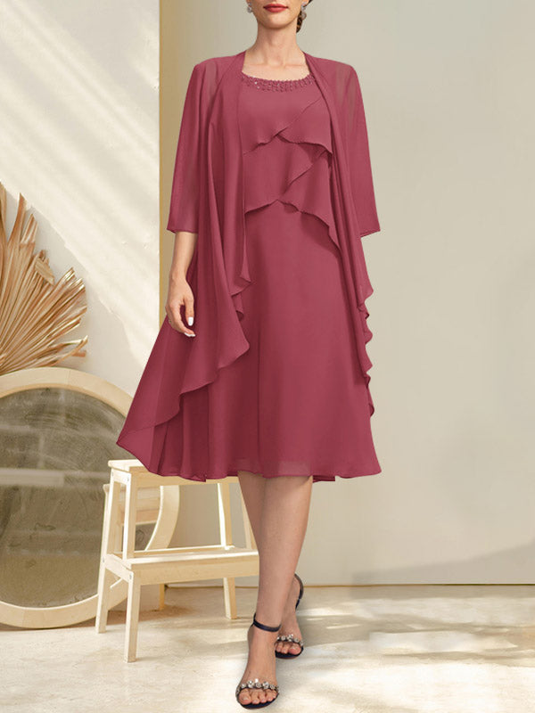 A-Linie U-Ausschnitt Knielang Chiffon Kleid für die Brautmutter mit Perlenbesatz