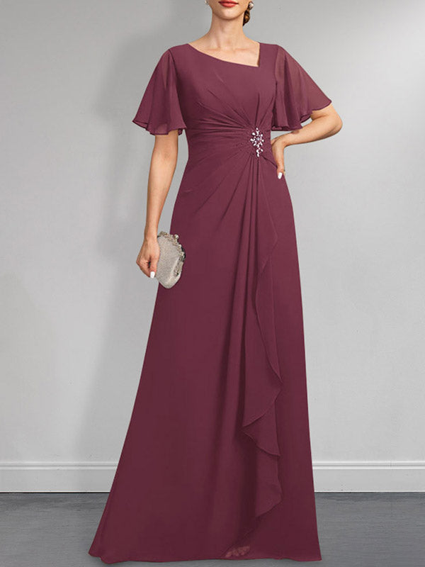 Robe de mère de la mariée en mousseline asymétrique longue jusqu'au sol, coupe en A, ornée de perles plissées et de paillettes