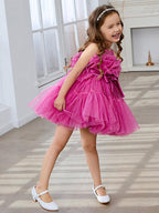 Pink Princess Tulle Flower Girl Dress With Bow And Scoop Neck Details