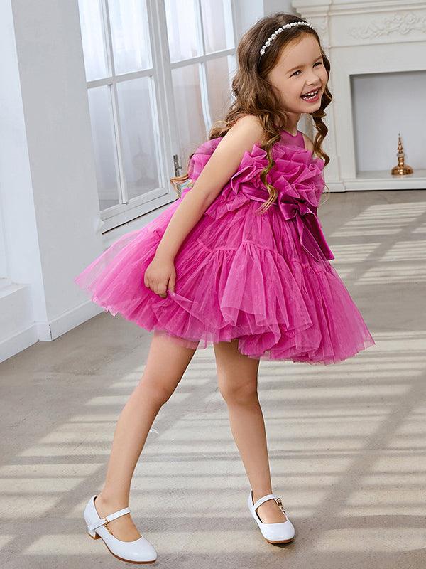 Pink Princess Tulle Flower Girl Dress With Bow And Scoop Neck Details