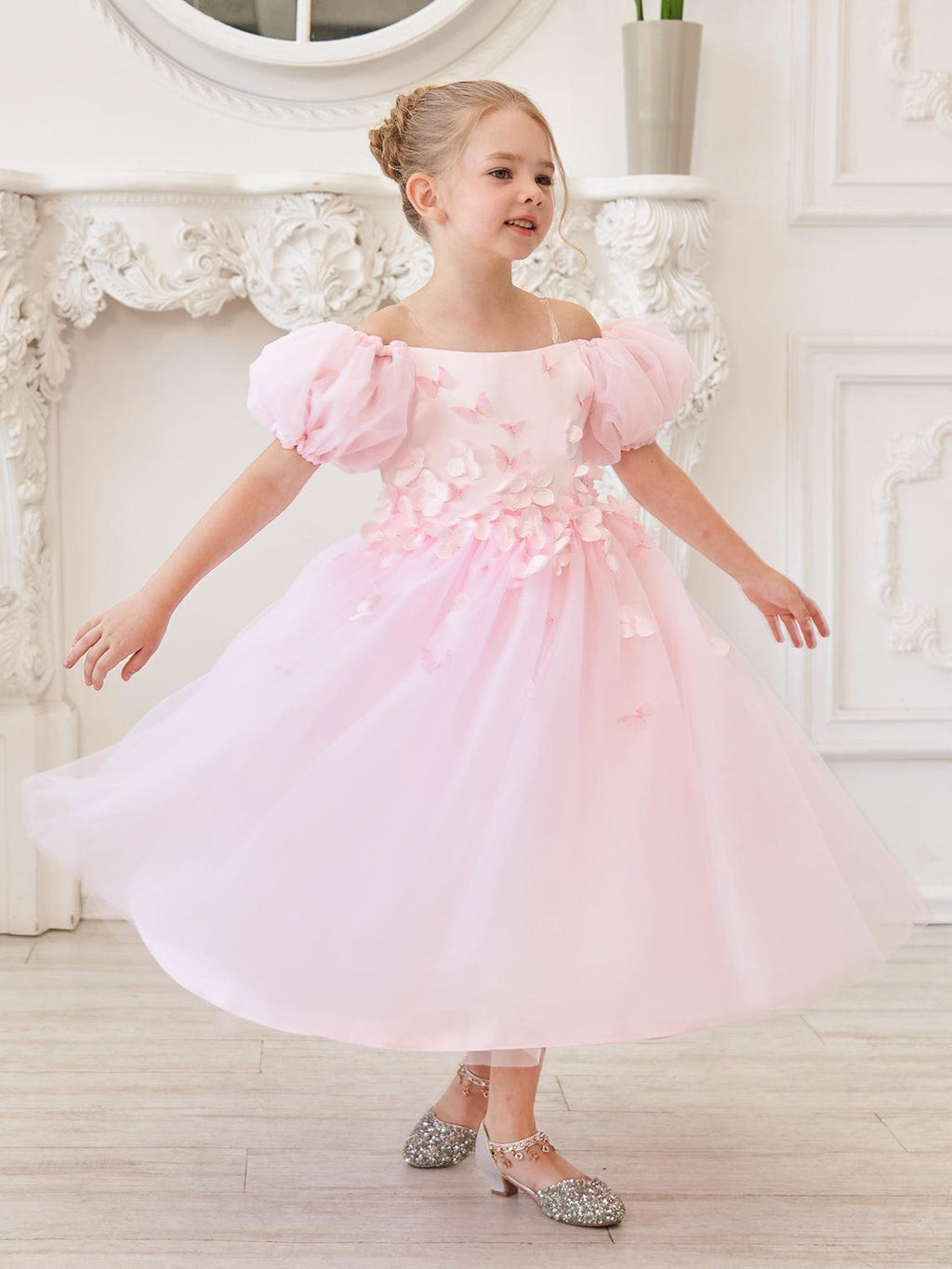 Tulle Tea Length Flower Girl Dress Square Neck Floral Applique Beading