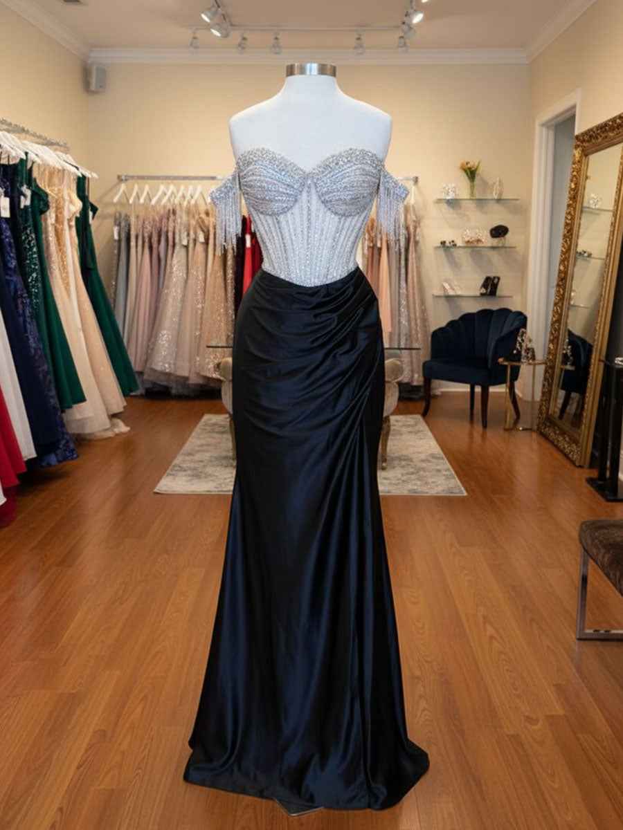 Sheath Off The Shoulder Rhinestone Satin Corset Prom Gown