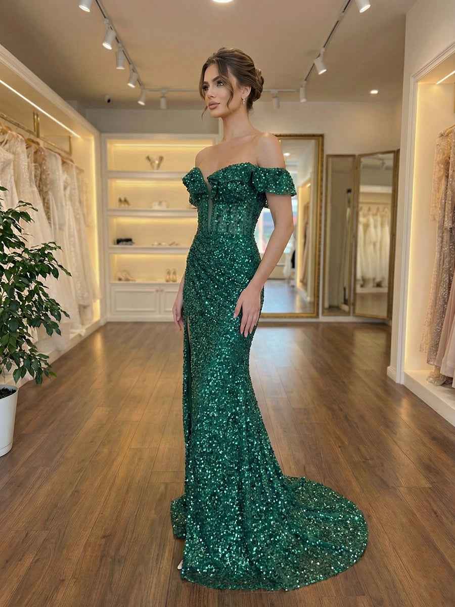 Emerald Off Shoulder Sequin Mermaid Prom Dress With Slit