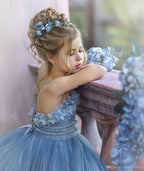 BMbridal Blue Spaghetti Straps Tulle Flower Girl Dress Layered With Appliques