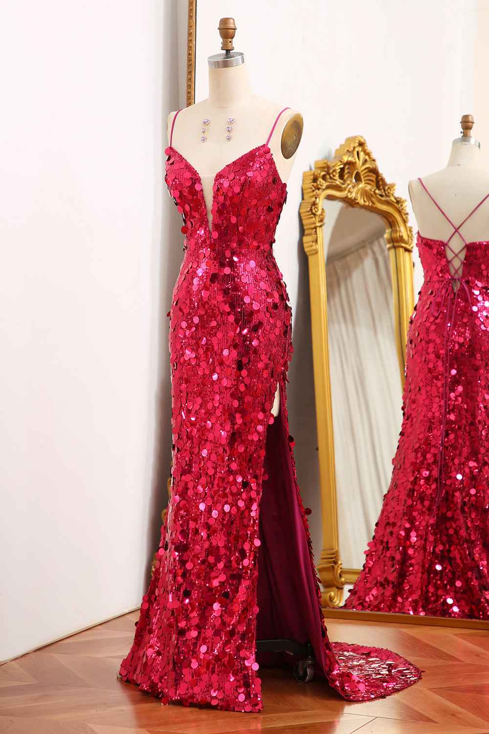 Sparkly Purple Mermaid Sequin Long Prom Dress Spaghetti Straps