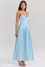 Strapless Cinch Waist Pleated Maxi Dresses-Blue Pre Order