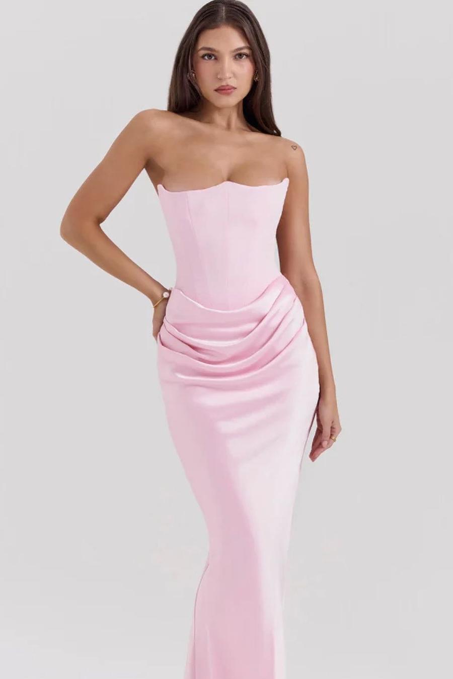 Pink Strapless Mermaid Prom Dress With Pleated Long Gown