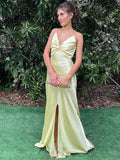 Yellow Mermaid Satin Twist Front Spaghetti Straps Maxi Prom Dress