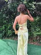 Yellow Mermaid Satin Twist Front Spaghetti Straps Maxi Prom Dress
