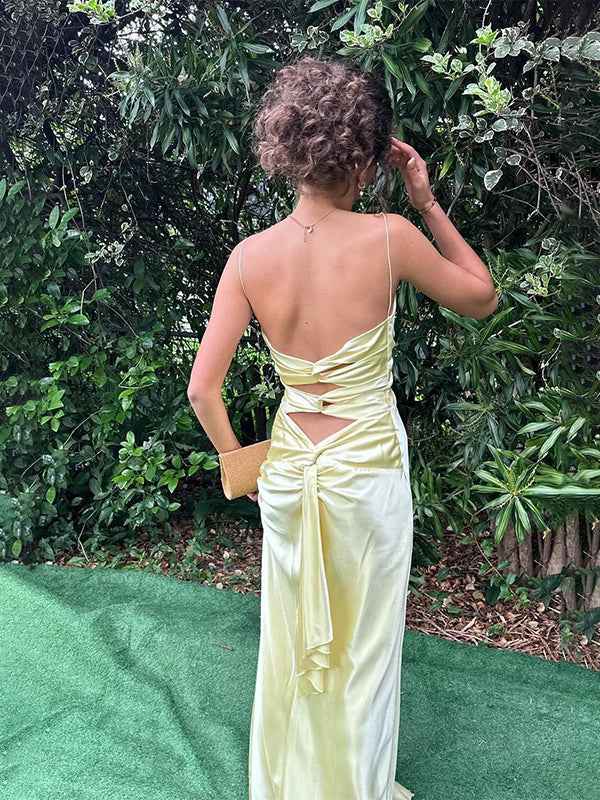 Yellow Mermaid Satin Twist Front Spaghetti Straps Maxi Prom Dress