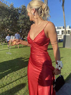 Yellow Mermaid Satin Twist Front Spaghetti Straps Maxi Prom Dress