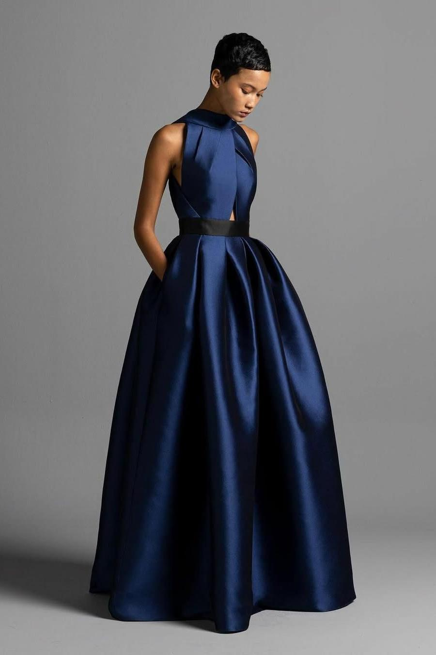 Halter Neck Sleeveless High Waist Long Prom Dress With Pockets Pleated