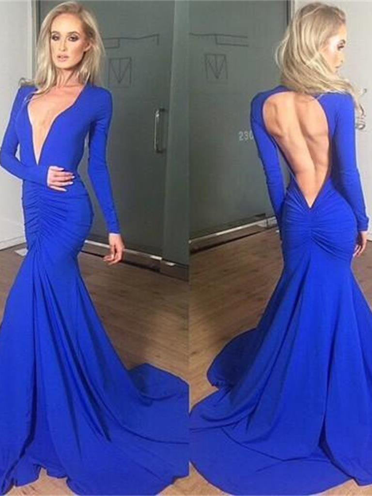 Sexy Regal Sapphire Long Sleeve Deep V-Neck Open Back Mermaid Dress