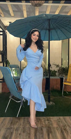Vestido de Baile Formal Azul Elegante com Decote em V e Cauda de Sereia Y8181
