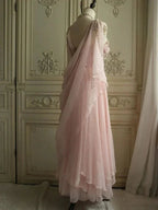 Robe longue de bal du soir rose chiffon à fines bretelles en forme de cœur avec perles Y8290
