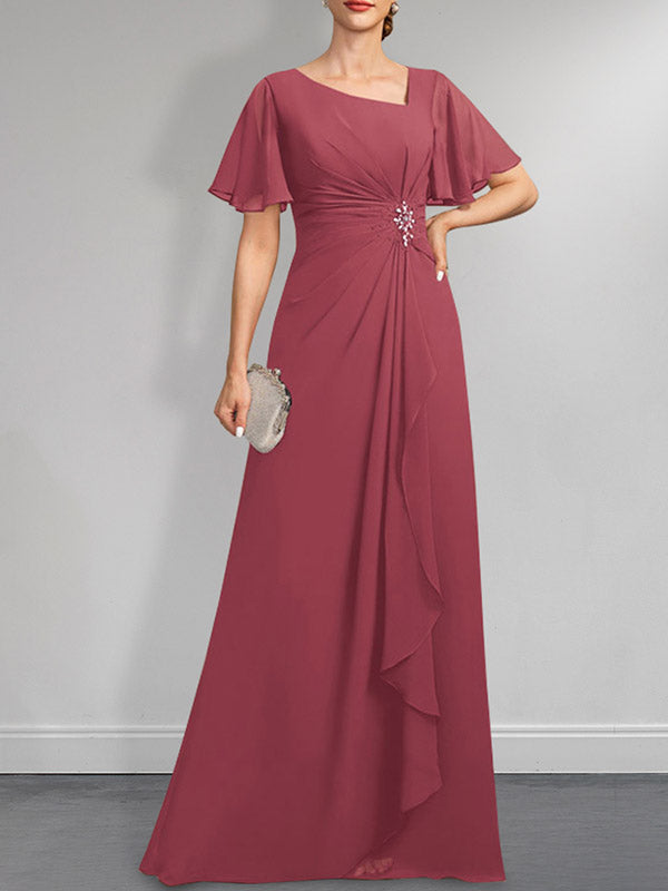 Robe de mère de la mariée en mousseline asymétrique longue jusqu'au sol, coupe en A, ornée de perles plissées et de paillettes