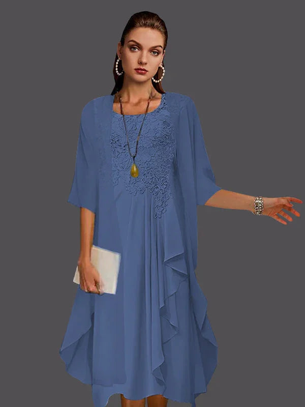 Vestidos de dos piezas con chaqueta sin mangas de encaje de gasa en línea A con pliegues y apliques