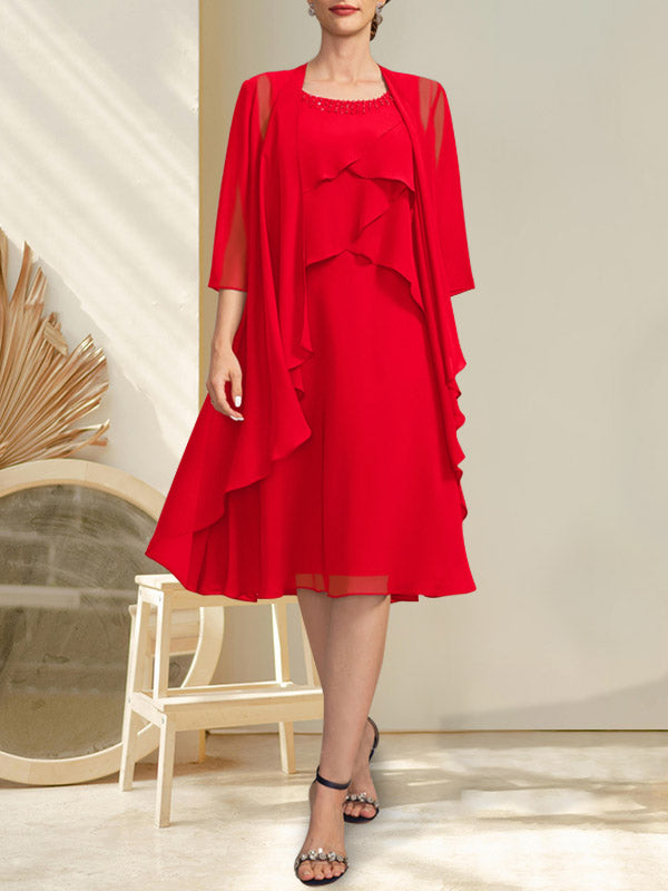 A-Linie U-Ausschnitt Knielang Chiffon Kleid für die Brautmutter mit Perlenbesatz